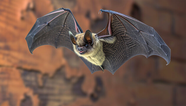 Bat hunts for fly. Flying bat hunting in forest. The grey long-eared bat (Plecotus austriacus) is a fairly large European bat. It has distinctive ears, long and with a distinctive fold. It hunts above