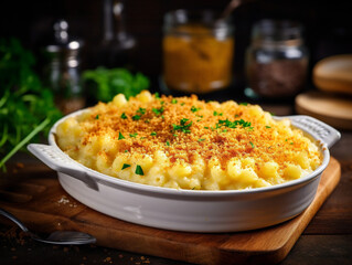 A bowl of decadent macaroni and cheese, topped with a creamy, mouthwatering sauce.