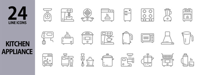 Kitchen Appliance line icons set with Scales, Kettle, Bread maker, Blender, Toaster, Waffle maker, Coffeemaker, Multicooker, Juicer, Meat grinder, Fryer, Oven, Mixer, Dishwasher. Editable stroke - obrazy, fototapety, plakaty
