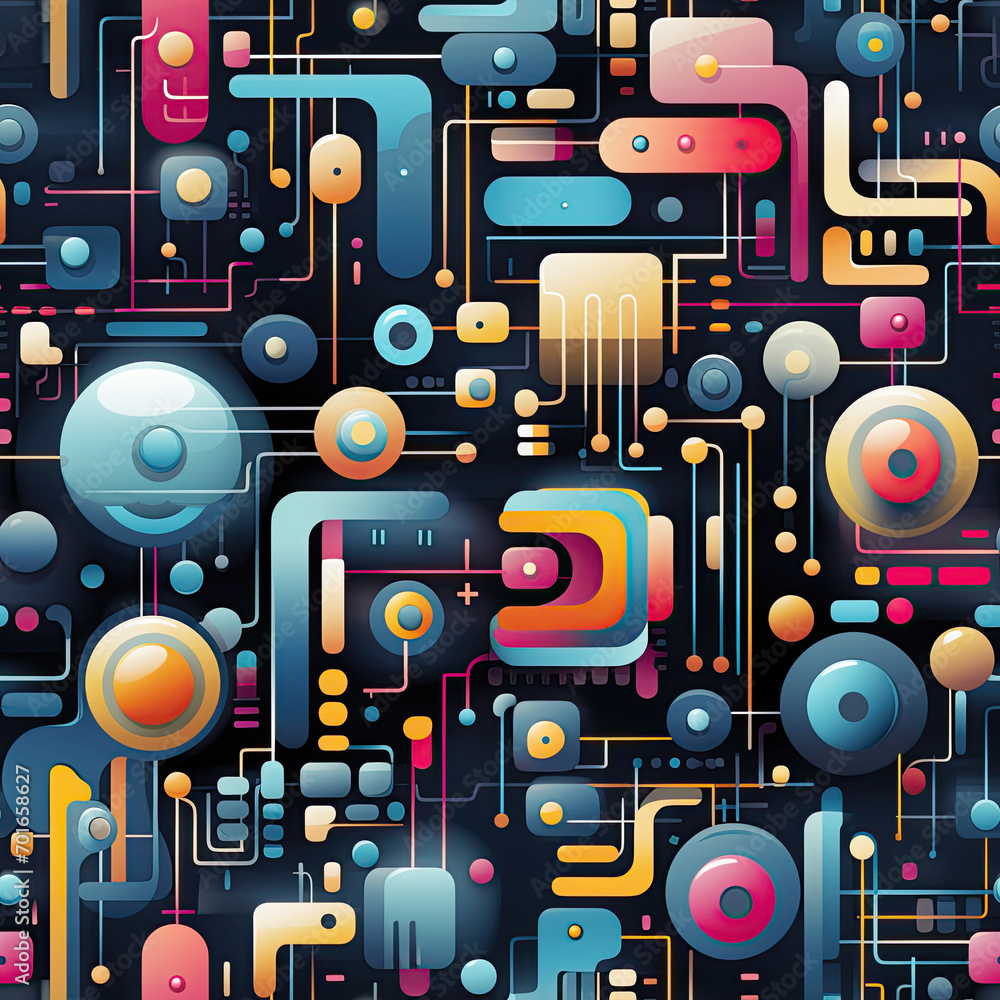 Wall mural geometric futuristic seamless pattern with round multicolored circles on dark background