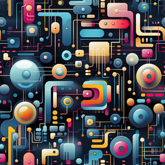 Geometric futuristic seamless pattern with round multicolored circles on dark background