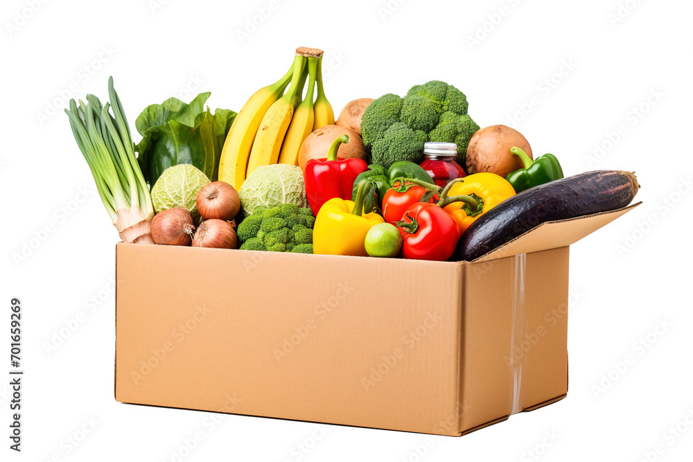 Wall mural cardboard box full of colorful fresh vegetables food isolated on transparent background remove png, 