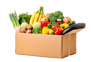 Cardboard box full of colorful fresh vegetables food isolated on transparent background Remove png,...