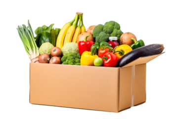 Cardboard box full of colorful fresh vegetables food isolated on transparent background Remove png, Clipping Path, pen tool