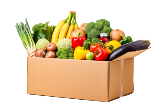 Cardboard box full of colorful fresh vegetables food isolated on transparent background Remove png, Clipping Path, pen tool