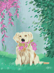 Golden Retriever in the Park by digital art illustration, Playful scene of furry friend by oil painting style