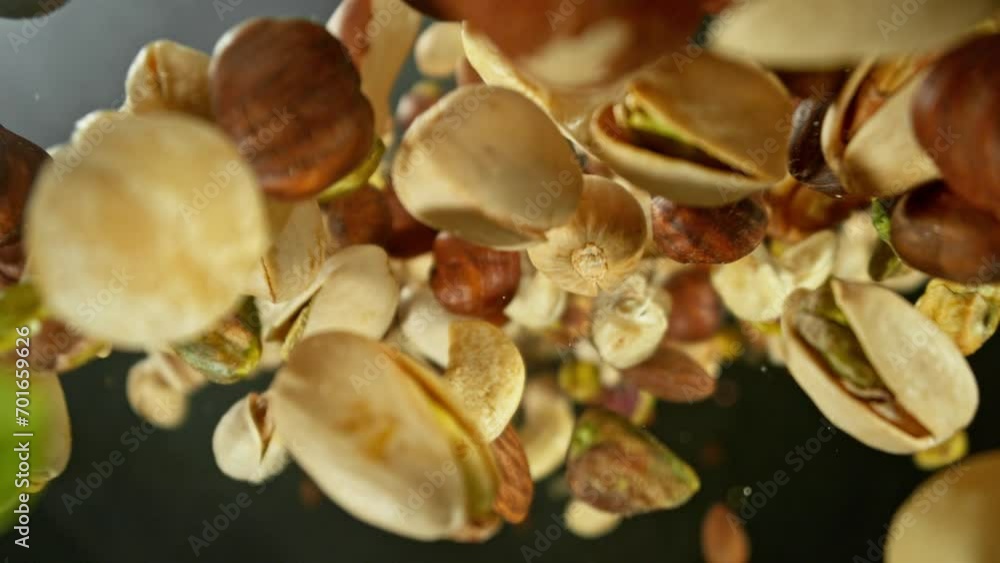 Poster super slow motion of flying nuts mix in rotating movement. filmed on high speed cinema camera , 1000