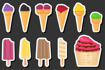 Illustration on theme big kit ice cream popsicle different types in cone waffle cup