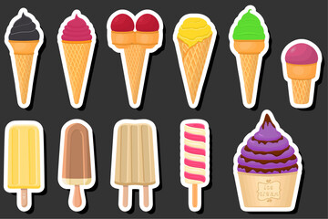 Illustration on theme big kit ice cream popsicle different types in cone waffle cup