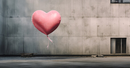 A large helium pink heart shaped balloon flying through the urban city. Valentine's Day love is in the air concept