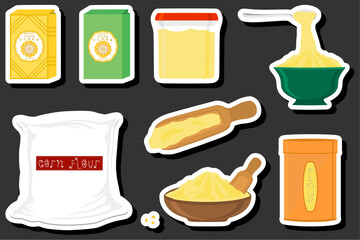 Illustration on theme big set different types dishware filled corn flour