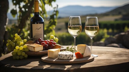 A table with two bottles of wine, wine glasses half full and some tasty cheese. Beautiful summer day in southern France. - obrazy, fototapety, plakaty