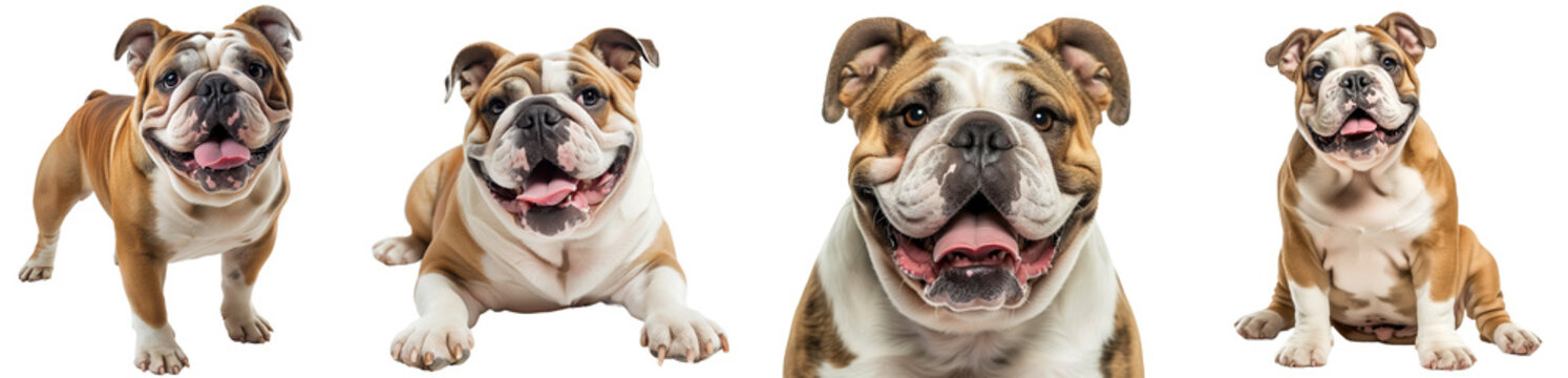 Happy English bulldog collection (standing, lying, portrait, sitting) isolated on a white background, dog bundle