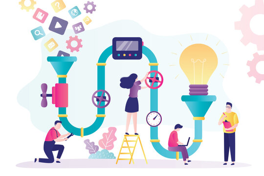 Creative project generation process. Business people or co-founders work with idea generator pipeline and pipe system with bright light bulb to generate startup innovation