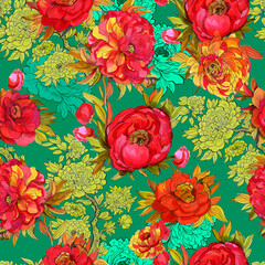 Beautiful Floral Seamless Pattern Watercolor Hand Painting Peonies Asian Style On Green Background - 701660612