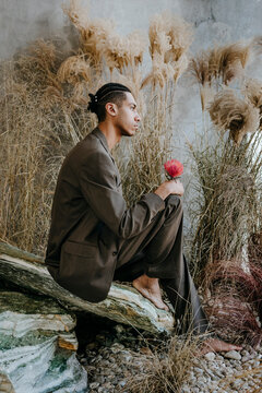 Thoughtful businessman holding Pincushion flower and sitting on rock in garden