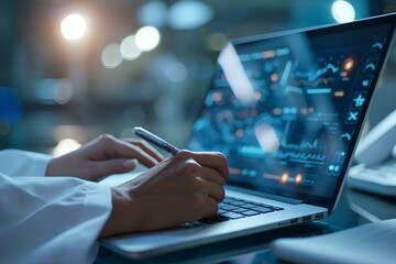 Obraz premium Medicine doctor writing electronic medical record of patient on laptop. Digital healthcare and network connection on hologram virtual interface, Medical technology and social network. generative AI
