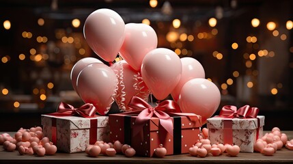 Pink romantic love balloons in the shape of hearts in the sky, Valentine's Day concept