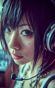 Closeup portrait of a young Asian girl wearing a headset with microphone