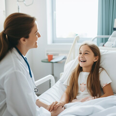 Fototapeta premium Female doctor talking to a girl patient in the hospital.