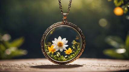 Beautiful pendant with flowers in resin. pendant necklace.  AI generated image, ai - obrazy, fototapety, plakaty