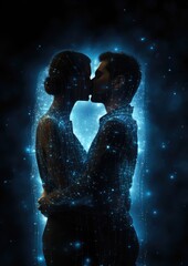 Fototapeta na wymiar closeup of a transparent digital couple made of blue dots of light, transparent, kissing