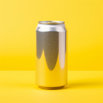Glistening soda can on a yellow background.