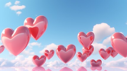 Romantic flying red heart shaped balloons on blue clear sky background. Generate AI image