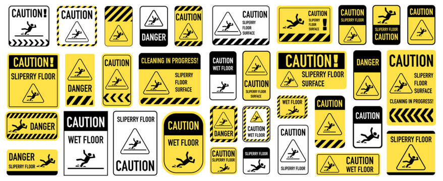 Wet floor caution sign, Public warning yellow symbol clipart. Vector illustartion