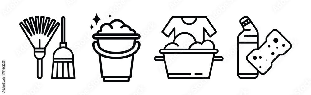 Poster cleaning and cleanup line object and equipment vector set