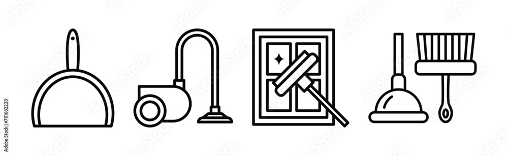 Poster cleaning and cleanup line object and equipment vector set