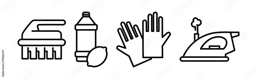 Poster cleaning and cleanup line object and equipment vector set