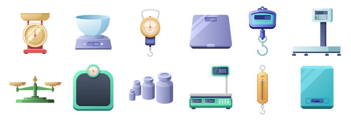 Store scales. Measuring instruments, kitchen and fitness, kilogram gram and pounds.