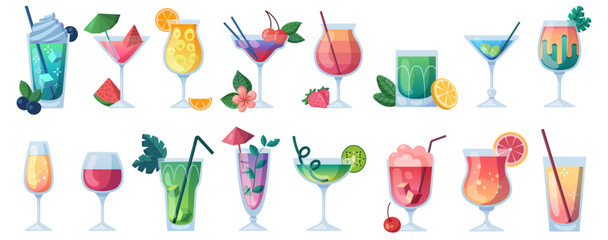 Alcohol drinks icon set in trendy flat design style. Popular cocktails for design menu, bar. Set icon