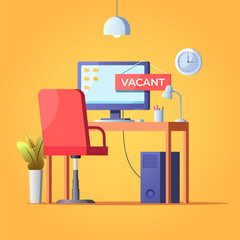 Job offer banner design. Workplace in the office with an empty chair and a vacancy sign.
