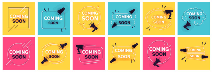 Coming soon with megaphone design on abstract background - obrazy, fototapety, plakaty