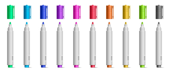 Colorful marker pens set vector realistic illustration. Office highlighters design elements - obrazy, fototapety, plakaty
