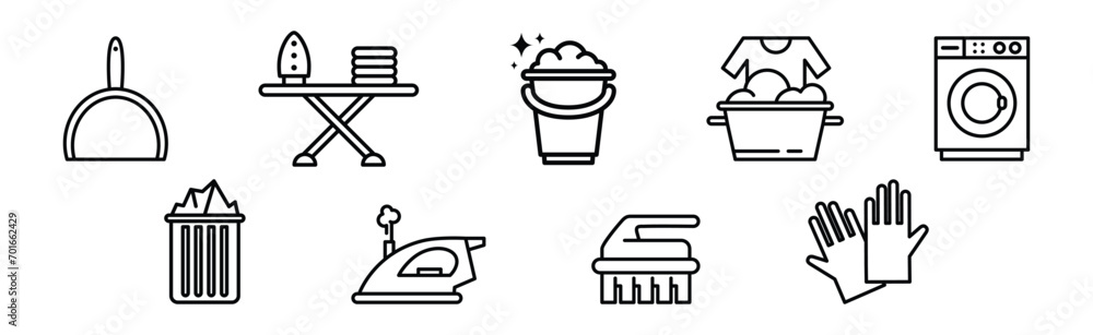 Poster cleaning and cleanup line object and equipment vector set