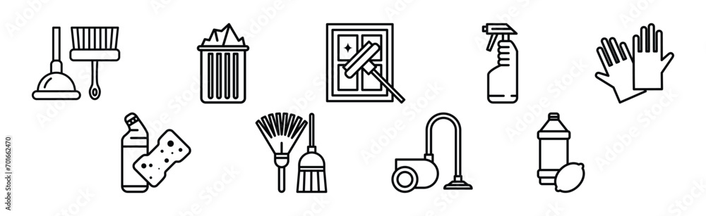 Poster cleaning and cleanup line object and equipment vector set