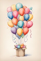 colorful balloons in a box, watercolor illustration of balloon bouquet