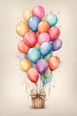 colorful balloons in a box, watercolor illustration of balloon bouquet