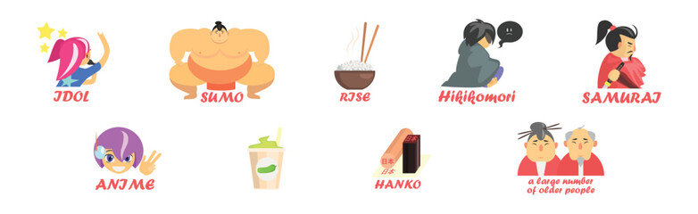 Travel to Japan Country Traditional Symbol and Object Vector Set