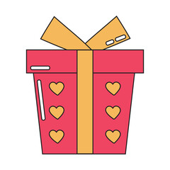 Colored Valentine day pink gift box with ribbons and heart. Icon of gift in retro vintage style.