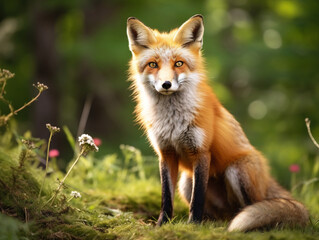 Naklejka na ściany i meble A beautiful red fox with a thick, bushy tail stands gracefully in a natural setting.