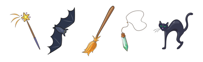 Magic Object and Element with Broom, Bat, Cat, Wand and Crystal Vector Set