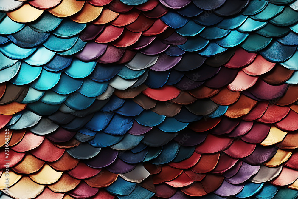 Wall mural seamless pattern of fish or snake scales with colorful bright squama on gradient rainbow background