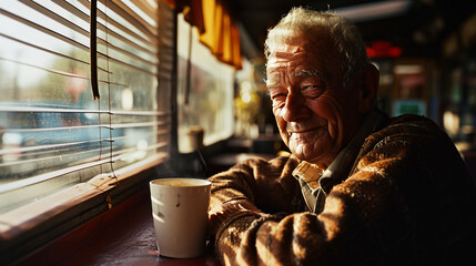 senior male drinking coffee in coffee shop