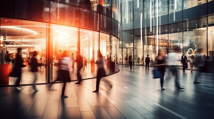 Obraz premium Blurred background of a modern shopping mall with some shoppers walking around