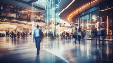 Fototapeta premium Blurred background of a modern shopping mall with some shoppers walking around