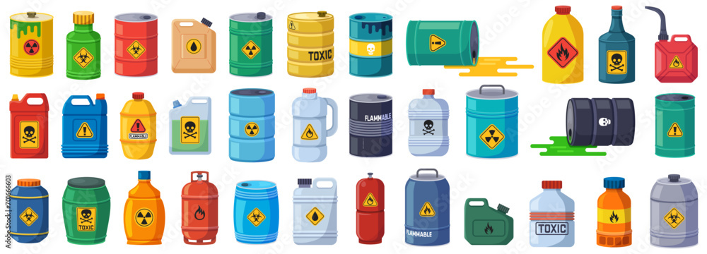 Wall mural flammable waste set. container with chemical explosive substance. toxic chemical, vector illustratio - Wall murals